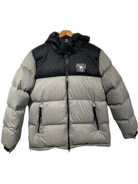 Camel Thermal Down Puffer Jacket Mens Sz L Gray Black Color Block Hooded